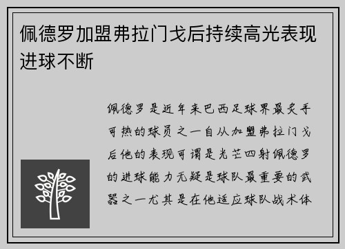 佩德罗加盟弗拉门戈后持续高光表现进球不断